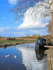 Kingfisher luxury narrowboat on the clear blue waters of the Chesterfield Canal in Yorkshire with resident ducks and countryside views, romantic winter escape