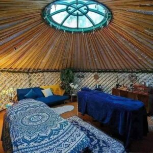 Serene yurt set up for a relaxing private couples massage at Hawthorn Hideaway in Yorkshire. Romantic luxury experience for anniversaries or birthdays