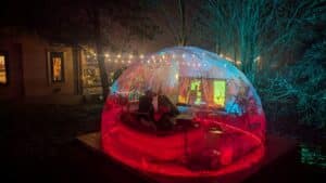 Illuminated stargazing dome at Owl Lodge with cosy seating, colourful night lighting and a private outdoor cinema set up in the woodland garden at Hawthorn Hideaway.