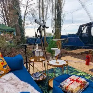Romantic afternoon tea for two in the cosy dome, next to Kingfisher narrowboat retreat.