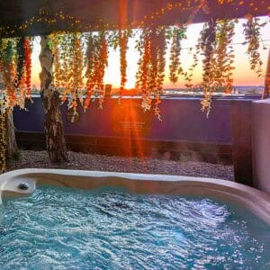 Sunset view from the private hot tub at the moored luxury narrowboat Kingfisher