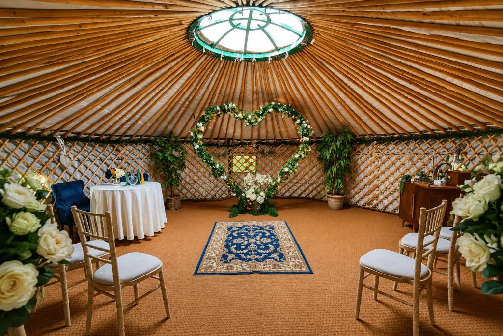 Intimate woodland wedding ceremony yurt at Hawthorn Hideaway Yorkshire for small and elopement weddings.