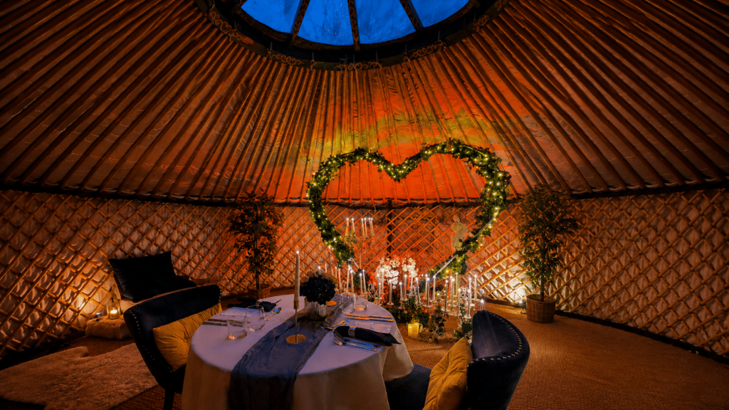 Heart shaped arch with candles for Valentines hot tub breaks in Yorkshire for couples