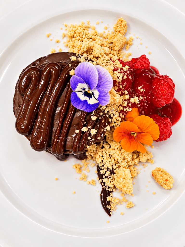 Private dining chocolate deseart decorated with purple and orange flowers