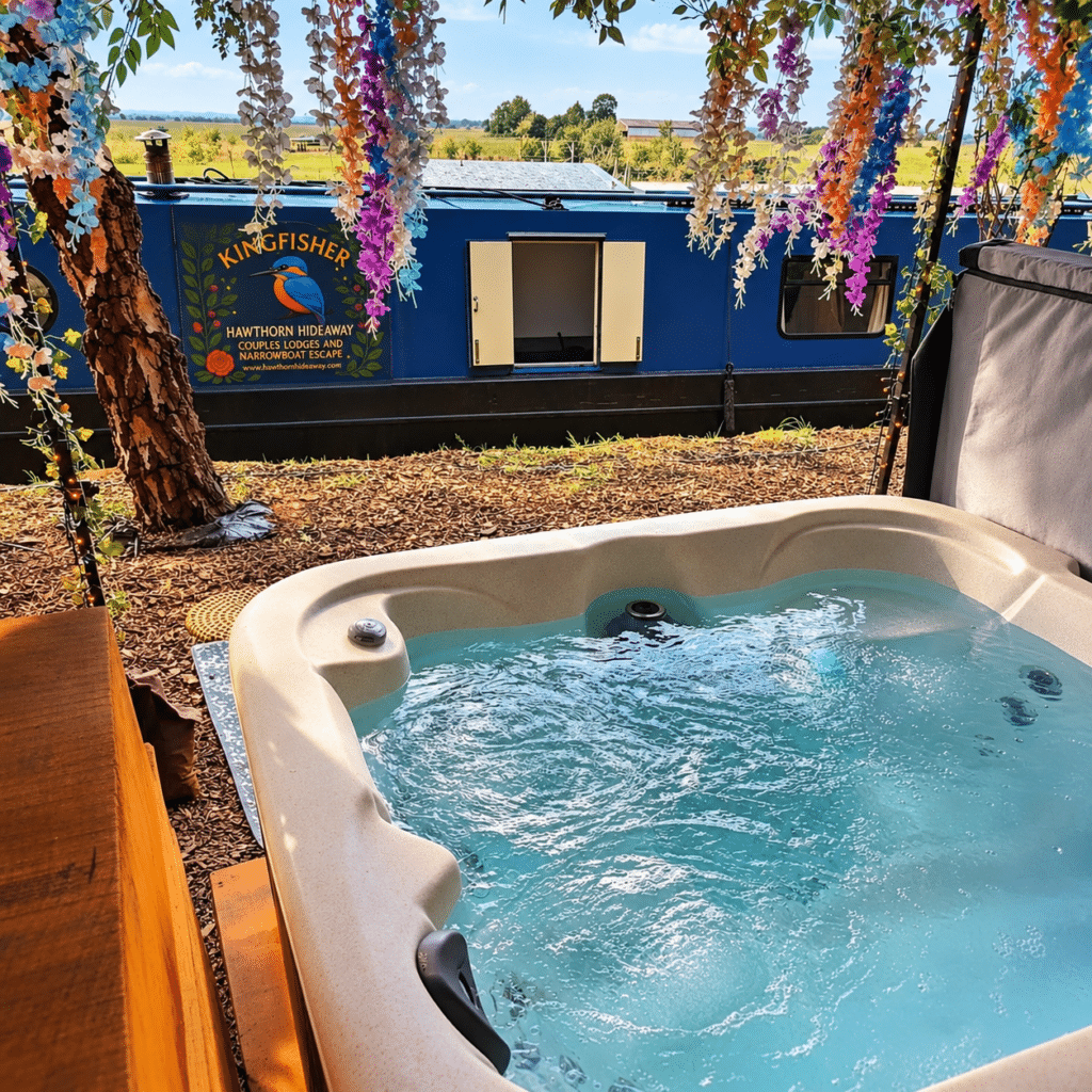 A luxury narrowboat with adjacent hot tub on the Chesterfield Canal, Walkeringham.