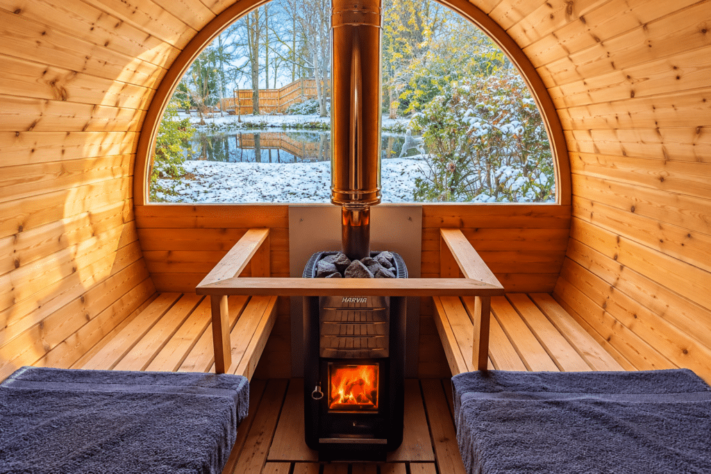 Winter and snow covered woodland view from the wood burning sauna for two.
